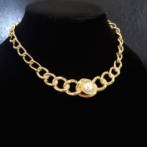 Vintage Christian Dior Yellow Gold Plated Faux Pearl Collar Necklace
